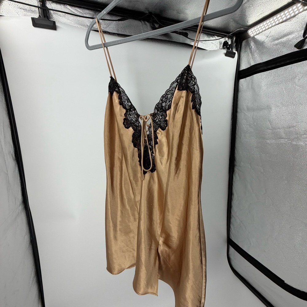 Fredericks of Hollywood Gold Satin Lace Trim Chemise Nightgown Lace Up Gold